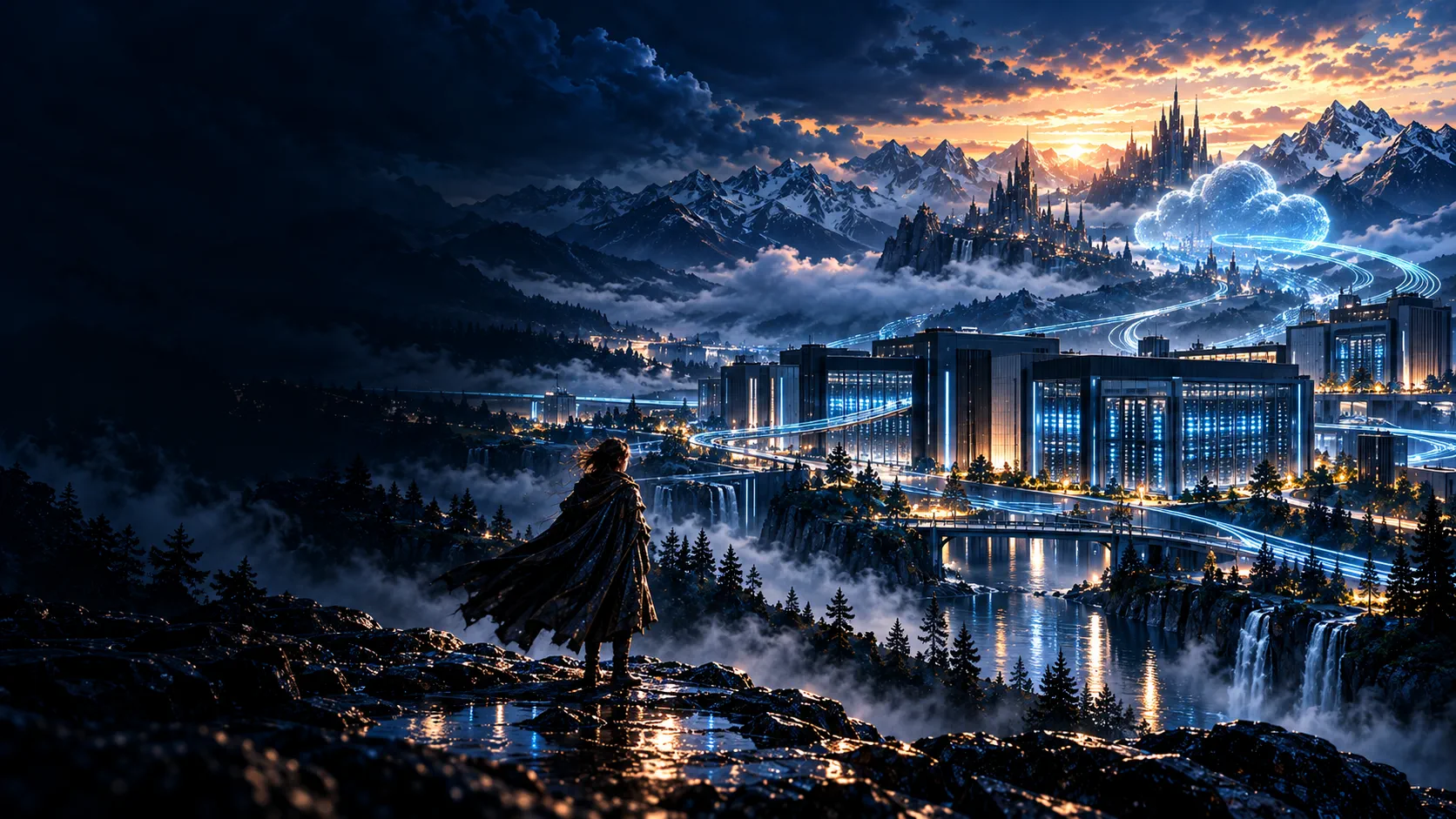 Infraestrutura de nuvem representada em uma paisagem cinematográfica